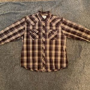 Cowboy Up Brand brown plaid western button up shirt with mother of pearl snaps